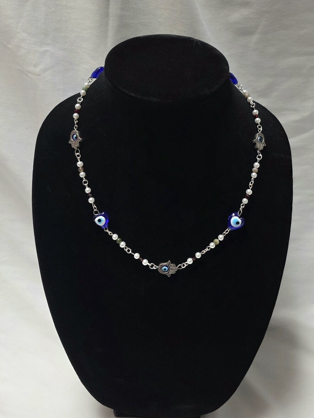 Silver Evil Eye Necklace with Glass Pearls and Hamsa Hand Charms